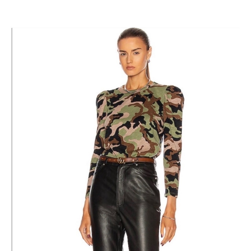 Veronica Beard Jeans Camo Puff Sleeve Pima Cotton Tee Green XS J2008JY0310392